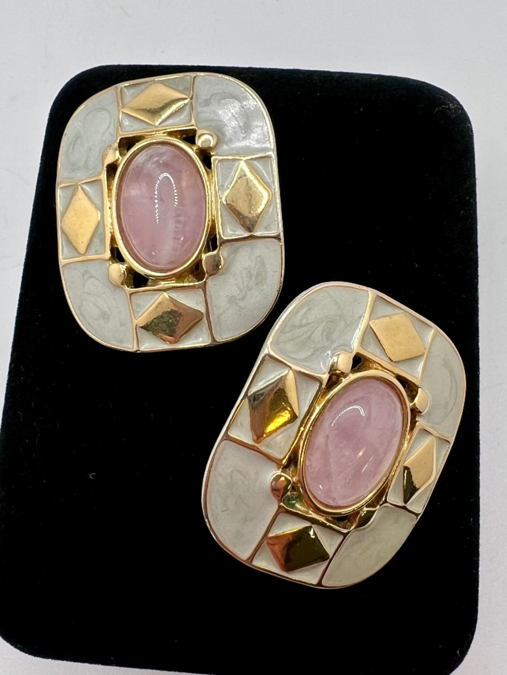 Pink Amethyst Cabochon Enamel CLIP Earrings